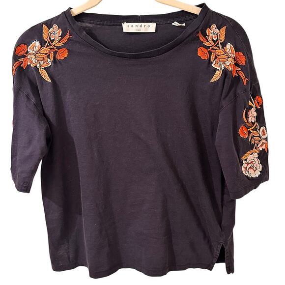 Sandro Paris Marine Embroidered Top 3/4 Sleeve, Navy, size S (1) - Picture 1 of 10